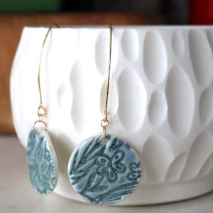 Elegant Blue Porcelain Earrings with Impressed Floral Design – Handmade Ceramic Jewelry