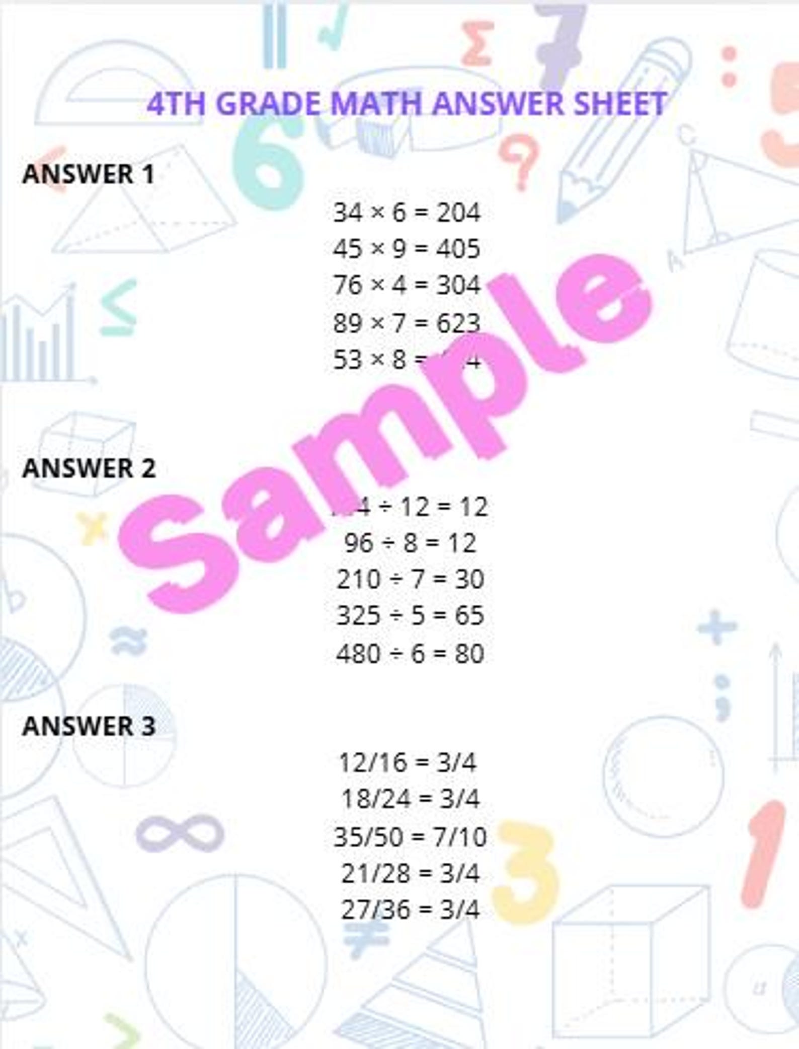 Grade 4th Educational Worksheets & Answer Keys! - Math - Etsy