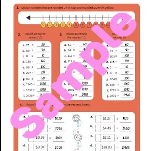 May include: A worksheet with answers to number rounding problems. The worksheet is divided into four sections, each with a different rounding rule. The first section shows a number line with numbers from 0 to 10. The second section asks students to round numbers up to the nearest 10. The third section asks students to round numbers down to the nearest 10. The fourth section asks students to round numbers to the nearest 5 pence.