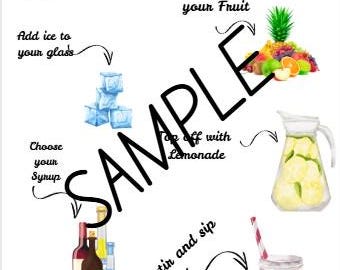 May include: Watercolor illustration of a lemonade bar setup. The image includes text, ice cubes, fruit, syrup bottles, a pitcher of lemonade, and a drink in a jar with a straw. The word "SAMPLE" is prominently displayed.