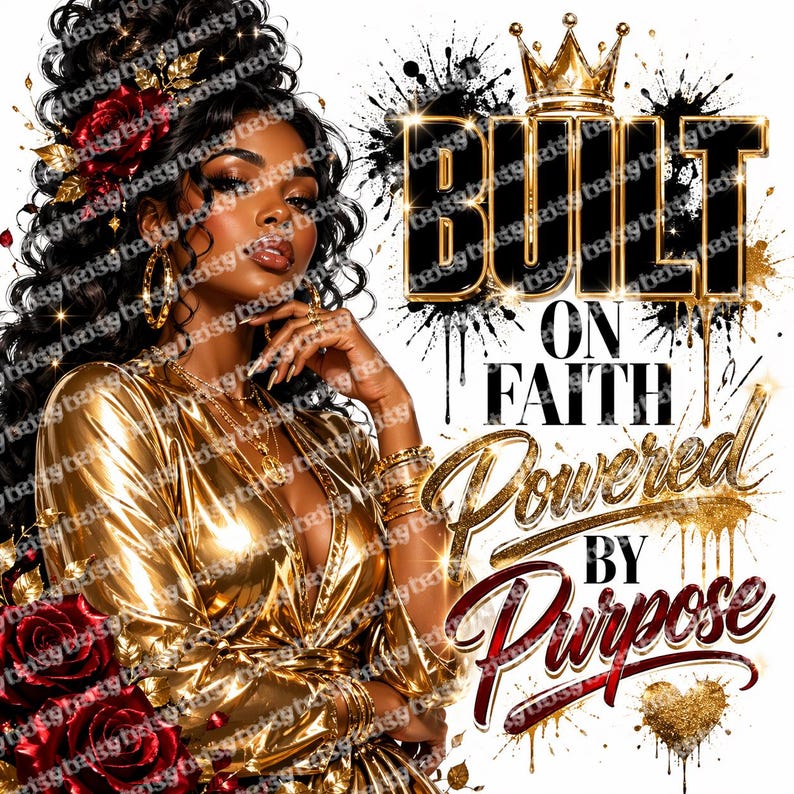 May include: An illustration of a woman in a gold dress with the text "Built on Faith, Powered by Purpose." The image features a crown, roses, and gold accents against a white background with black paint splatters.