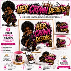 Puede incluir: Imagen promocional de "HER CROWN DESIGNS" en varios productos: una impresión enmarcada, un cojín, una taza, una camiseta y un teléfono. El diseño presenta a una mujer con afro, detalles dorados y rosas. La imagen promociona maquetas premium para emprendedores.