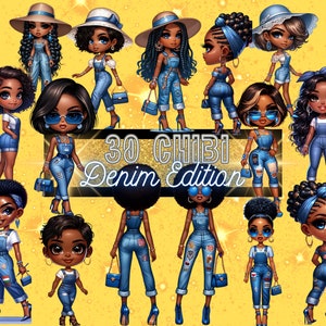 30 Chibi African American Doll Clipart Denim Edition, Chibi Bundle, Chibi Clipart, Chibi clip art, PNG BUNDLE, Clipart Bundle, Chibi Doll