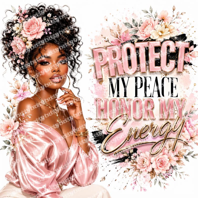 May include: Digital artwork depicting a woman with dark curly hair, decorated with pink flowers, wearing a pink off-the-shoulder top and gold jewellery. The text "PROTECT MY PEACE HONOR MY ENERGY" is displayed with pink and gold accents, surrounded by floral elements.