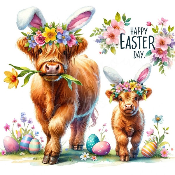 Easter Highland Cow & Calf with Bunny Ears - Spring Flower Headdress, Decorative Eggs, Pastel Art, Printable Easter Animal Portrait