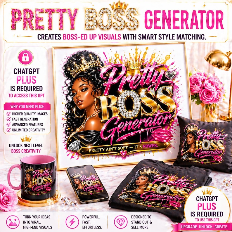 May include: An advertisement for "Pretty Boss Generator" with a digital illustration of a woman wearing a crown. The design is displayed on a framed print, a mug, a phone, a pillow, and a t-shirt. Text includes "ChatGPT Plus is Required" and "Creates Boss-ed Up Visuals."