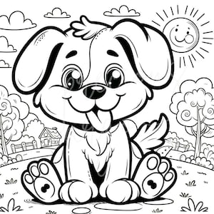 Adorable Cartoon Dog Coloring Page for Kids, Fun Outdoor Scene, Printable Activity, Easy Toddler Coloring, Cute Pup Art, Instant Download