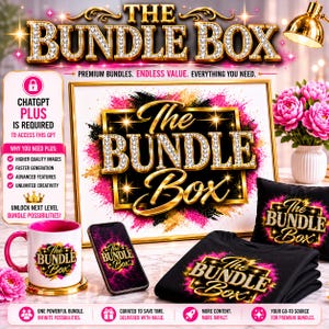 May include: A promotional display featuring The Bundle Box branding on a framed sign, a white mug with a pink interior, a smartphone, a black cushion, and a folded black shirt. All items feature a gold, diamond-style text logo with pink and black accents.