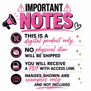 K&ouml;nnte beinhalten: Eine digitale Produktinformationsgrafik mit dem Text IMPORTANT NOTES in glitzerndem Pink. Sie enth&auml;lt Symbole f&uuml;r ein Megafon, einen Einkaufswagen, ein Paket, eine PDF-Datei und eine Kamera und weist darauf hin, dass es sich um ein digitales Produkt handelt.