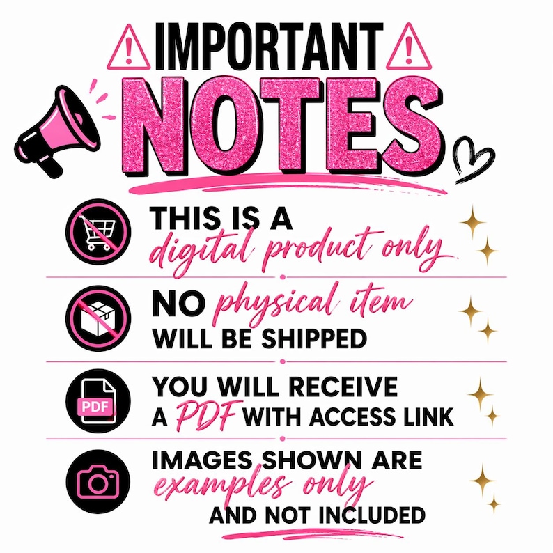 K&ouml;nnte beinhalten: Eine digitale Produktinformationsgrafik mit dem Text IMPORTANT NOTES in glitzerndem Pink. Sie enth&auml;lt Symbole f&uuml;r ein Megafon, einen Einkaufswagen, ein Paket, eine PDF-Datei und eine Kamera und weist darauf hin, dass es sich um ein digitales Produkt handelt.