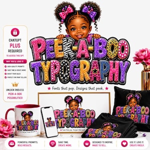 Puede incluir: Un diseño gráfico digital que muestra a un niño pequeño con cabello oscuro y rizado en coletas, colocado sobre el texto colorido y texturizado PEEK-A-BOO TYPOGRAPHY. El diseño se muestra en una taza blanca, una pantalla de teléfono, un marco y una camiseta negra.