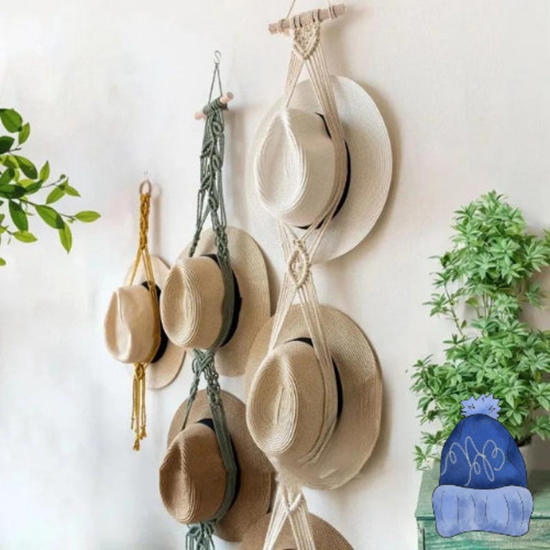 Knottedblue Macrame Hat Holder, Hat Hanger, Hat Rack, Hat Storage, Fedora Hat Display, Farmhouse
