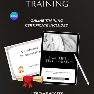 Puede incluir: Una ilustración digital de un certificado de finalización para un curso de lifting y tinte de pestañas. El certificado está enmarcado con un borde dorado y tiene una cinta roja y un sello. El texto en el certificado dice "Certificado de finalización". La imagen también incluye una tableta que muestra un sitio web para el curso, que incluye el texto "Lifting y tinte de pestañas".