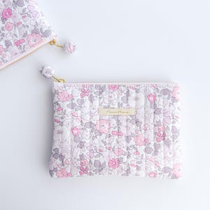 Liberty Print Quilted Pouch, Betsy Floral Zipper Bag with Tulip Charm, Small Makeup Case, Water Resistant Organizer