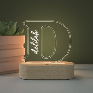 Luz noturna LED acrílica letra D personalizada | Decoração de quarto de adolescente | Decoração de quarto infantil | Decoração de berçário | Candeeiro de mesa | Nome personalizado | Presente