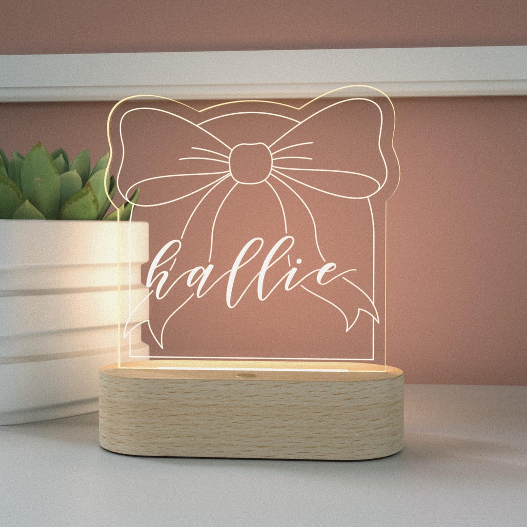 Personalized Preppy Bow Night Light: Custom Name LED Lamp, Beech Wood ...