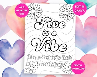 Five is a Vibe Coloring Page - Hippie Flower - Activity - Birthday Party - Groovy Invite - Age 5 - CANVA - Retro birthday