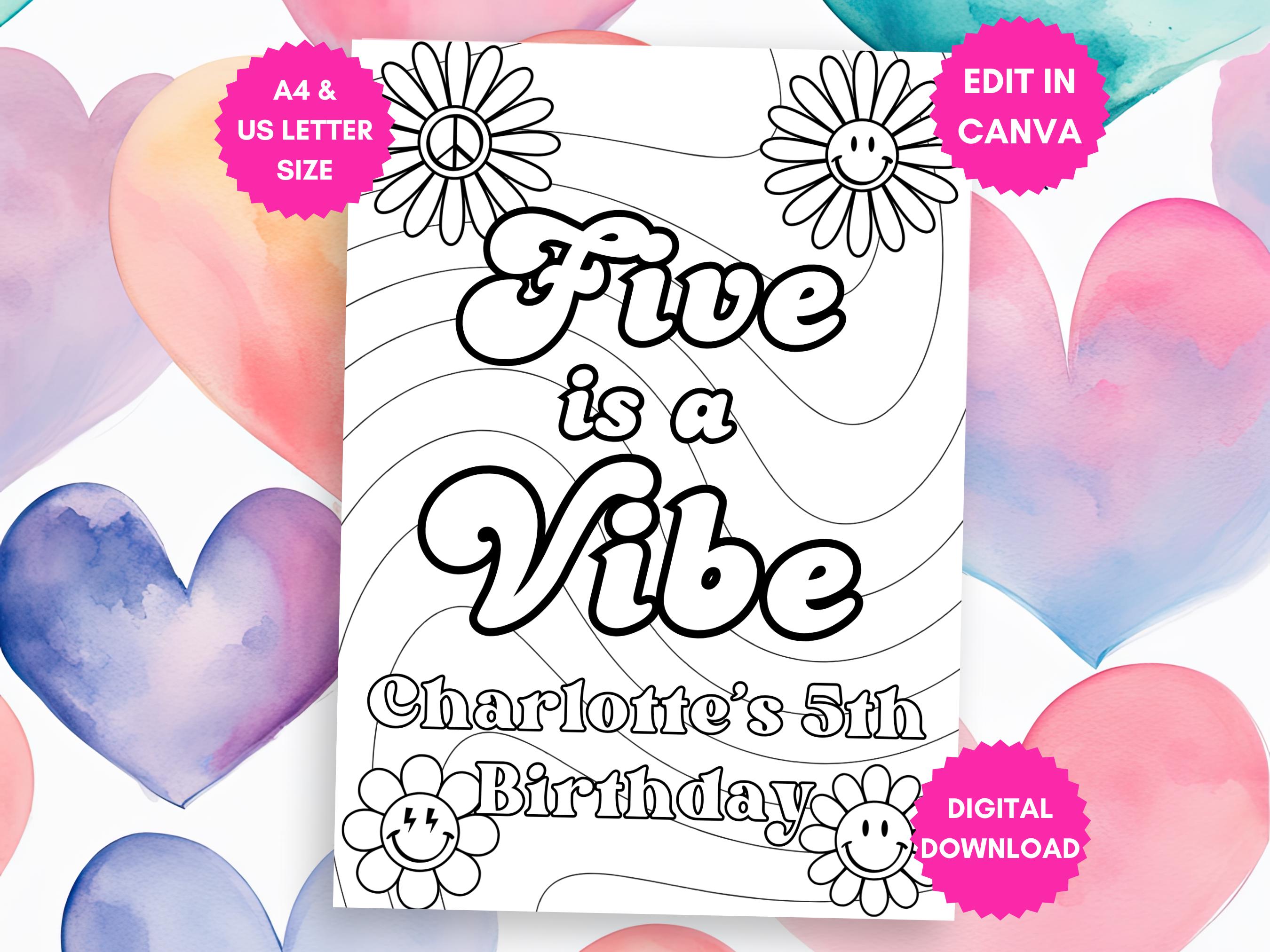 Five is a Vibe Coloring Page - Hippie Flower - Activity - Birthday ...