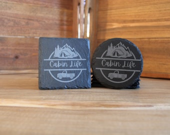 Cabin Life Coaster Set of 4 | Engraved Coasters | Rustic Cabin Coaster | Housewarming Gift | Custom Gift | Personalized Coaster | Dad Gift