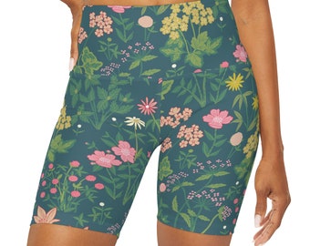 Green Floral Pattern- High Waisted Yoga Shorts. Festival shorts, Rave shorts, Loungewear, Bicycle shorts, Under skirt shorts