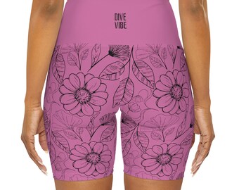 Drawn Flowers in Pink- High waisted Yoga shorts, Festival shorts, Rave shorts, Under skirt short leggings, streetwear