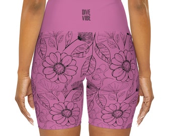 Drawn Flowers in Pink- High waisted Yoga shorts, Festival shorts, Rave shorts, Under skirt short leggings, streetwear
