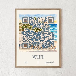 Könnte beinhalten: Ein Aquarellbild einer Strandszene mit einem QR-Code aus Häusern. Der QR-Code ist mit "WIFI" beschriftet, darunter die Wörter "ssid" und "Passwort".