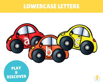 Activité de lettres minuscules ABC en voiture, correspondance de lettres, lettres-sons, lettres pour écoliers à la maison, lettre Montessori, lettrage pour enfants d'âge préscolaire, abc s