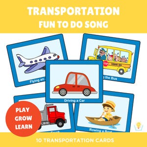 May include: Ten colourful cards featuring different modes of transportation, including a plane, car, lorry, school bus, and boat. The cards are blue with white borders and feature the text "Flying an", "Driving a Car", "Lorry", "Riding the Bus", and "Rowing a Boat".