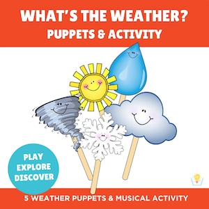 Marionnettes et musique de la météo - imprimable météo pour enfants d'âge préscolaire, éducation Montessori, apprentissage pour les enfants d'âge préscolaire, apprentissage de la musique pour les enfants d'âge préscolaire, image 1