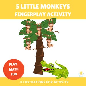 May include: Five little monkeys hanging from a green palm tree with a brown trunk. A green alligator is at the base of the tree. The text "5 Little Monkeys Fingerplay Activity" is at the top of the image. The text "Play Math Fun" is in a red circle.