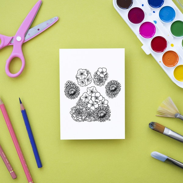 Hand Illustrated Flower Greeting Card Blank Inside | Flower Paw Print Design Coloring Card | Dog Mom Gift | Cat Mom Gift