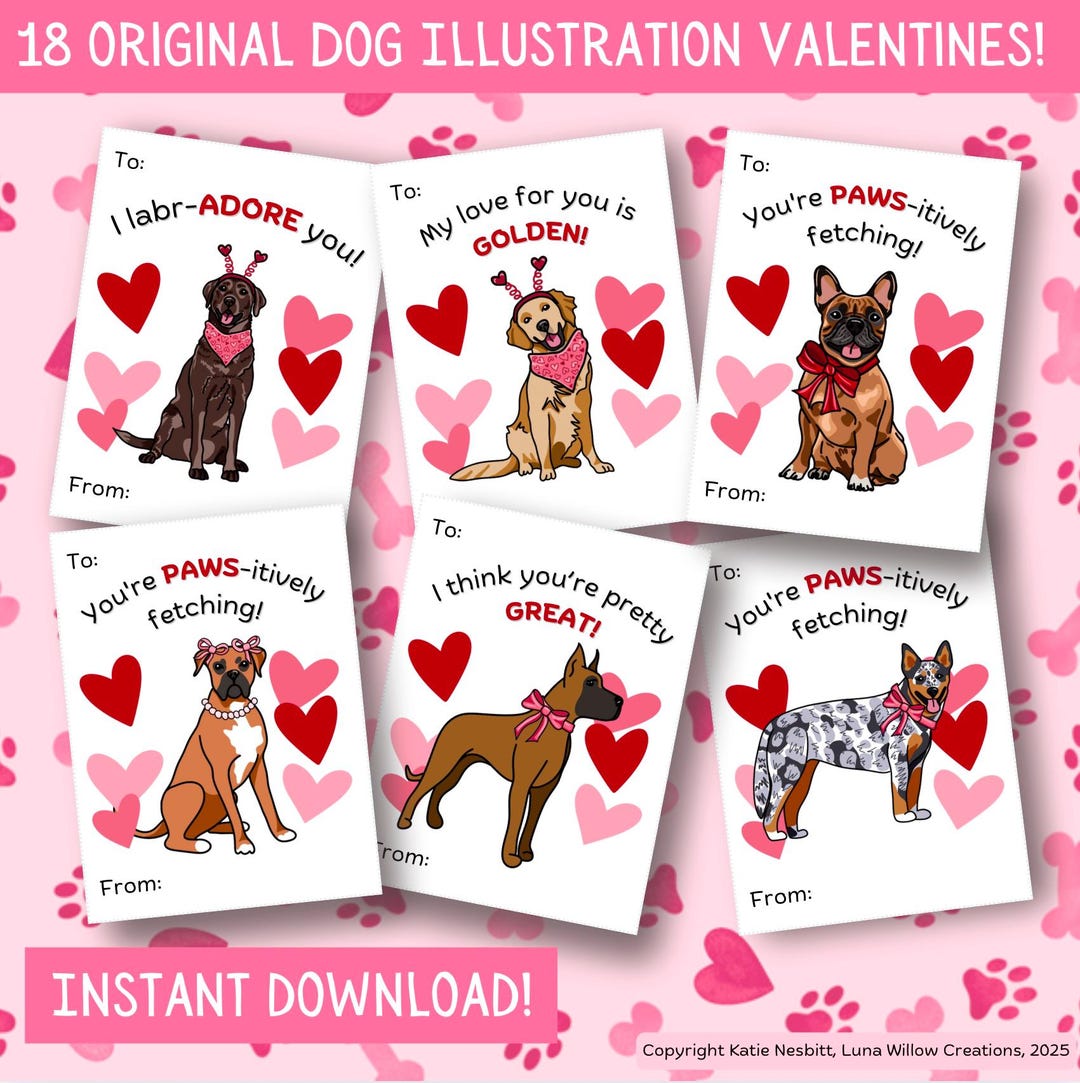Printable Dog Valentine Cards Instant Download Print at Home Dog Class ...