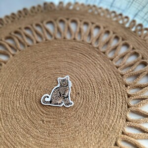 May include: A sticker of a tabby cat with brown and black stripes, sitting upright. The sticker is on a round, woven jute placemat with a decorative edge. The placemat is a natural tan color.