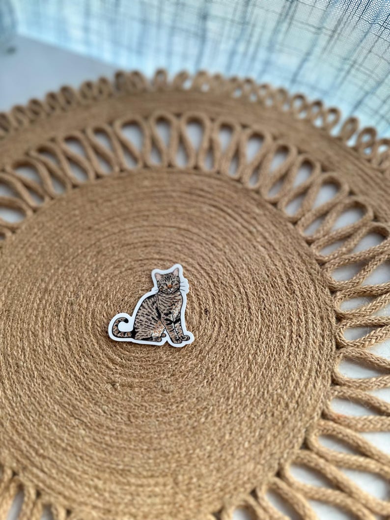 May include: A sticker of a tabby cat with brown and black stripes, sitting upright. The sticker is on a round, woven jute placemat with a decorative edge. The placemat is a natural tan color.