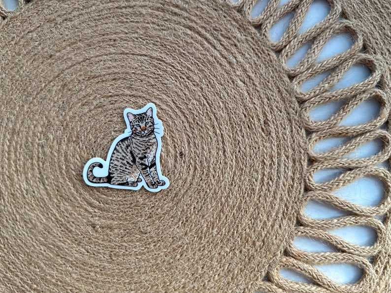 May include: A sticker featuring a seated tabby cat with brown and black stripes. The cat has green eyes and is set against a white background. The sticker is placed on a round, woven, brown placemat.