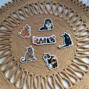 May include: A collection of cat stickers in various poses and colors, including orange tabby, black, and calico, arranged on a round, woven jute placemat. The stickers feature different cat breeds and designs, perfect for cat lovers.