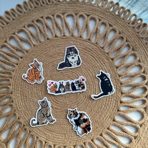 May include: A collection of cat stickers in various poses and colors, including orange, black, and calico. The stickers are arranged on a round, woven jute placemat. The cats are depicted in a cartoon style.