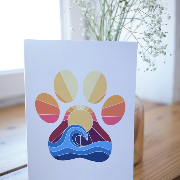 Hand Illustrated Ocean Waves Greeting Card | Beach Wave Design Paw Print Card Blank Inside | Dog Mom Gift | Cat Mom Gift