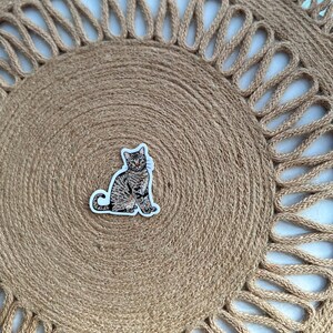 May include: A sticker of a tabby cat sitting upright, with brown and black stripes, is centered on a round, woven jute placemat. The placemat has a spiral design with a decorative, openwork border.