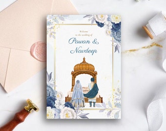 May include: A wedding invitation with a watercolor design featuring blue and white flowers. The invitation says "Welcome to the wedding of Pawan & Navdeep" and depicts a couple standing in front of a golden temple.