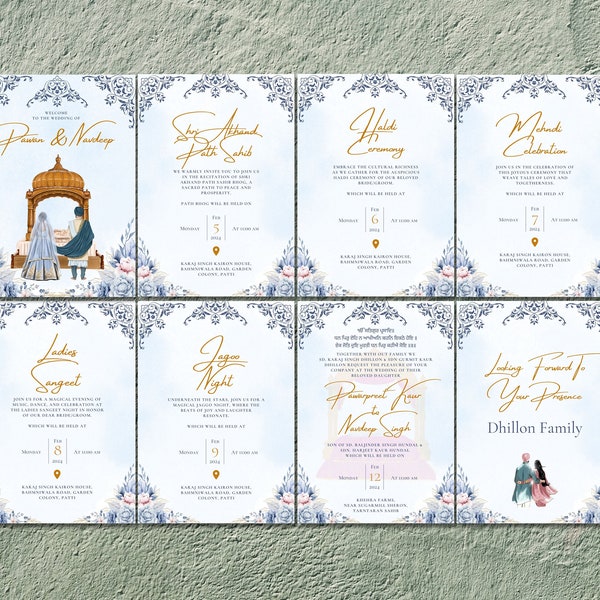 Sikh Hochzeitseinladung Vorlage, indische Ehen, bedruckbare, bearbeitbare Hochzeitseinladung, Canva sofortiger Download