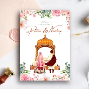 Modelo de convite de casamento Sikh, casamentos indianos, para impressão, conjunto de convites de casamento editáveis, download instantâneo do Canva