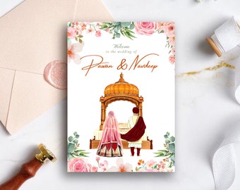 May include: A wedding invitation with a floral border and a watercolor illustration of a couple standing in front of a golden temple. The text reads "Welcome to the wedding of Pawan & Navdeep".
