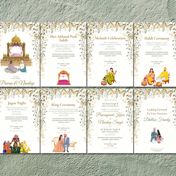 Paquete de invitación de boda Ilustración de descarga instantánea, sikh, indio / Akhand Path Sahib, Haldi, Jagoo, Anand Karaj, todo en uno.