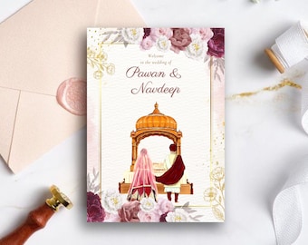 May include: Wedding invitation with a gold frame and floral accents. The invitation features a couple standing in front of a golden temple with the text "Welcome to the wedding of Pawan & Navdeep".