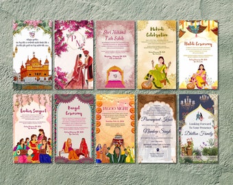 Sikh Wedding Invitation Bundle Instant Download Custom Illustration| Sukhmani Sahib, Sangeet, Mehndi, Haldi, Jagoo, Anand Karaj, All in one.