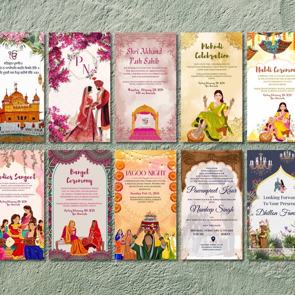 Sikh Wedding Invitation Bundle Instant Download Custom Illustration| Sukhmani Sahib, Sangeet, Mehndi, Haldi, Jagoo, Anand Karaj, All in one.