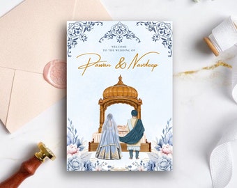 May include: A wedding invitation with a blue and white floral design. The invitation features a couple in traditional Indian wedding attire standing in front of a golden temple. The text on the invitation reads "Welcome to the wedding of Pawan & Navdeep".