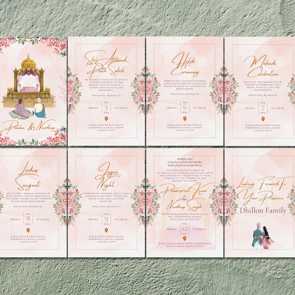 Sikh Wedding invitation Template, Indian Marriages, Printable, Editable Wedding Invitation Suite, Canva instant Download